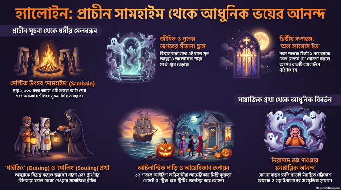 Halloween 2026 illustration featuring a glowing jack-o'-lantern, haunted castle, full moon and mysterious atmosphere, representing the history and psychology of Halloween, by Prof. Dr. Milton Biswas.